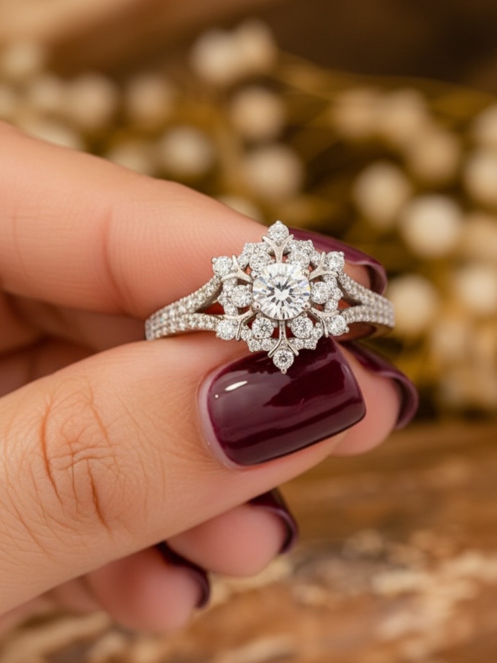 White Gold Plated  Snowflake Halo Ring with Sparkling CZ Gemstones. New